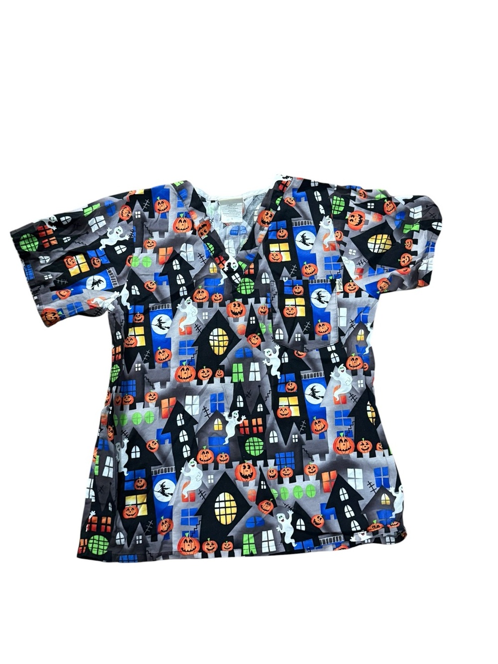 Tafford Halloween Print Scrub Top in Black, Orange, White, Blue, Green